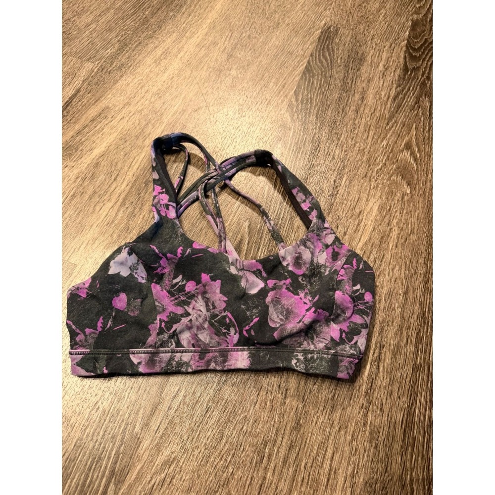 Lululemon Free To Be Wild Sports Bra Purple Black Floral Strappy Back Size 6